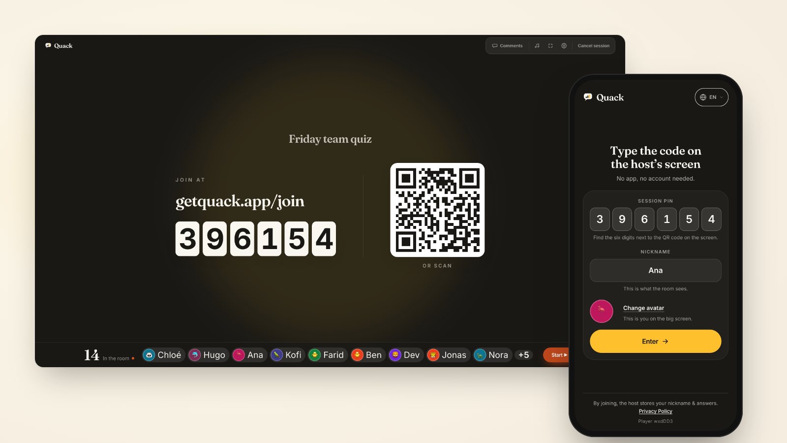 The lobby on the big screen (getquack.app/join, a 6-digit code, a QR code, 14 players' names along the bottom) next to a phone typing that code and a nickname.