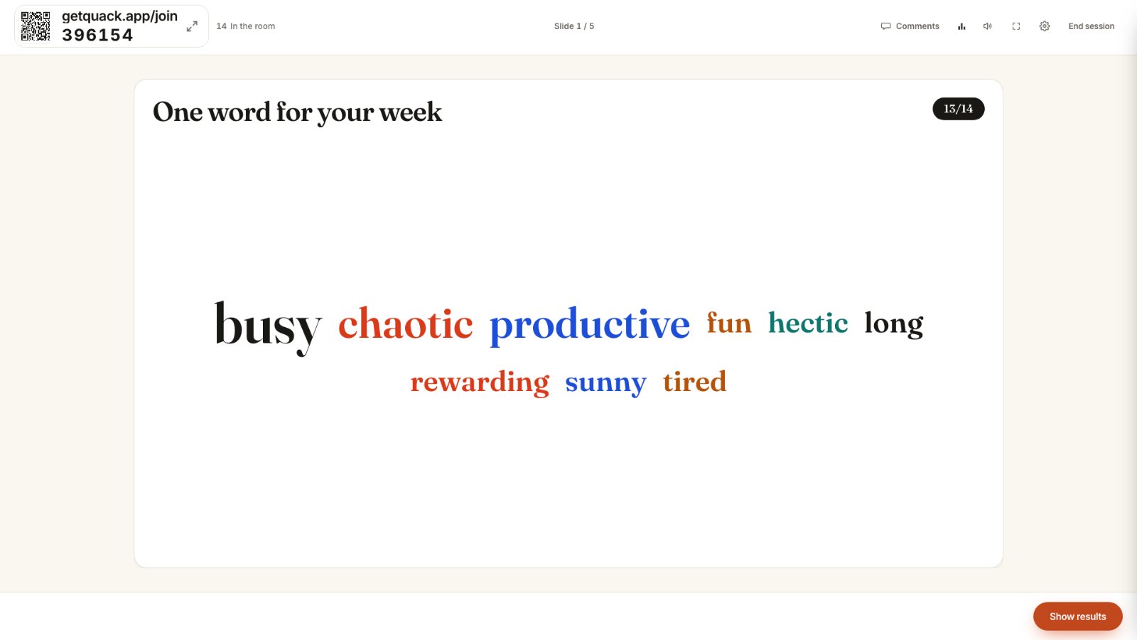 A word cloud on the big screen answering "One word for your week": busy, chaotic and productive largest, 13 of 14 answered.