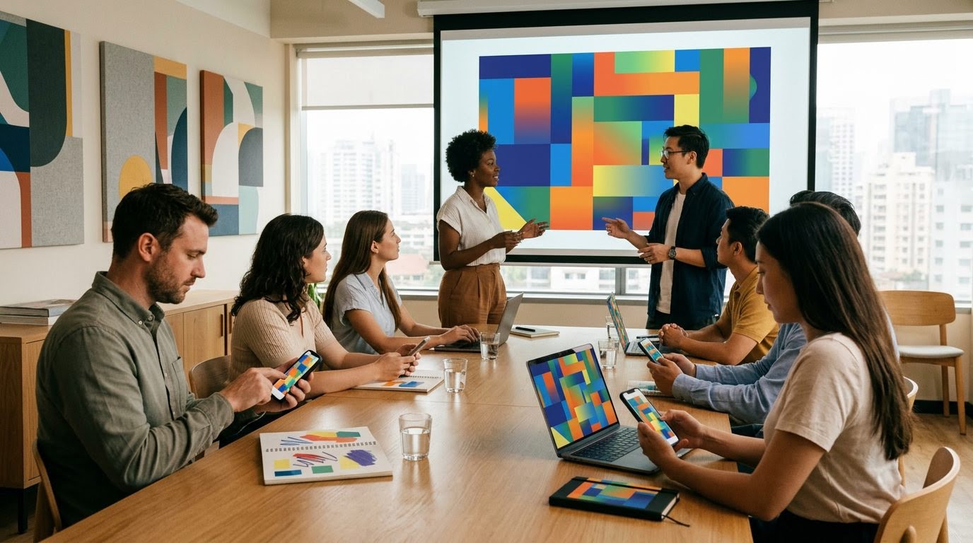 Colleagues in a meeting room looking at a wall display while holding their smartphones.