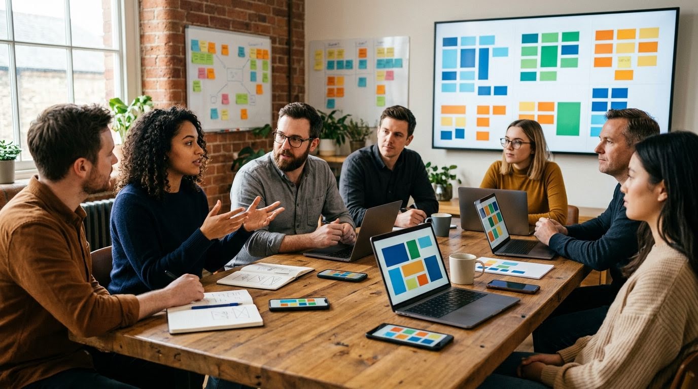 A team seated around a wooden meeting table having an engaged discussion during an agile retrospective.