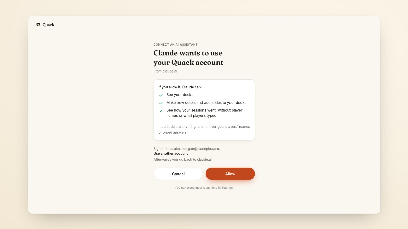 The Quack consent page: "Claude wants to use your Quack account", from claude.ai, listing what Claude can do (see your decks, make decks and add slides, see how sessions went without player names) and Cancel and Allow buttons