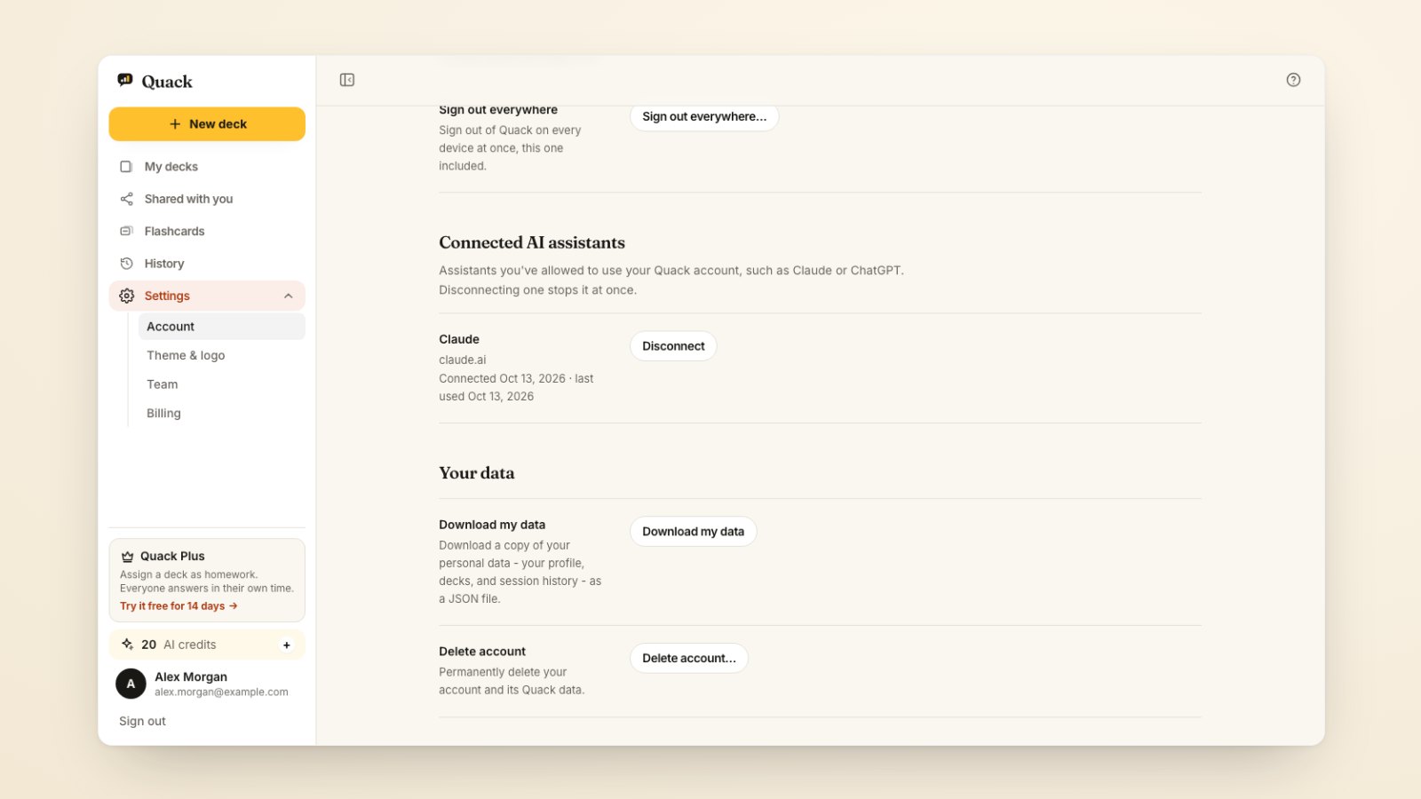 Quack Settings with a Connected AI assistants section listing Claude from claude.ai, when it was connected and last used, and a Disconnect button
